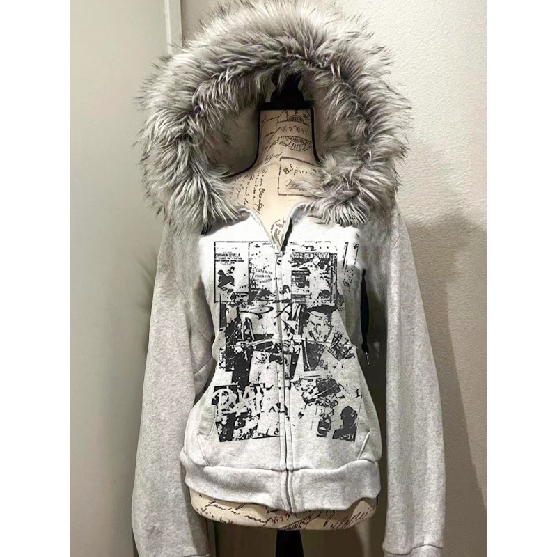 Women'S Fashion Zip Up Hoodies - Серая шерстяная куртка из искусственного меха