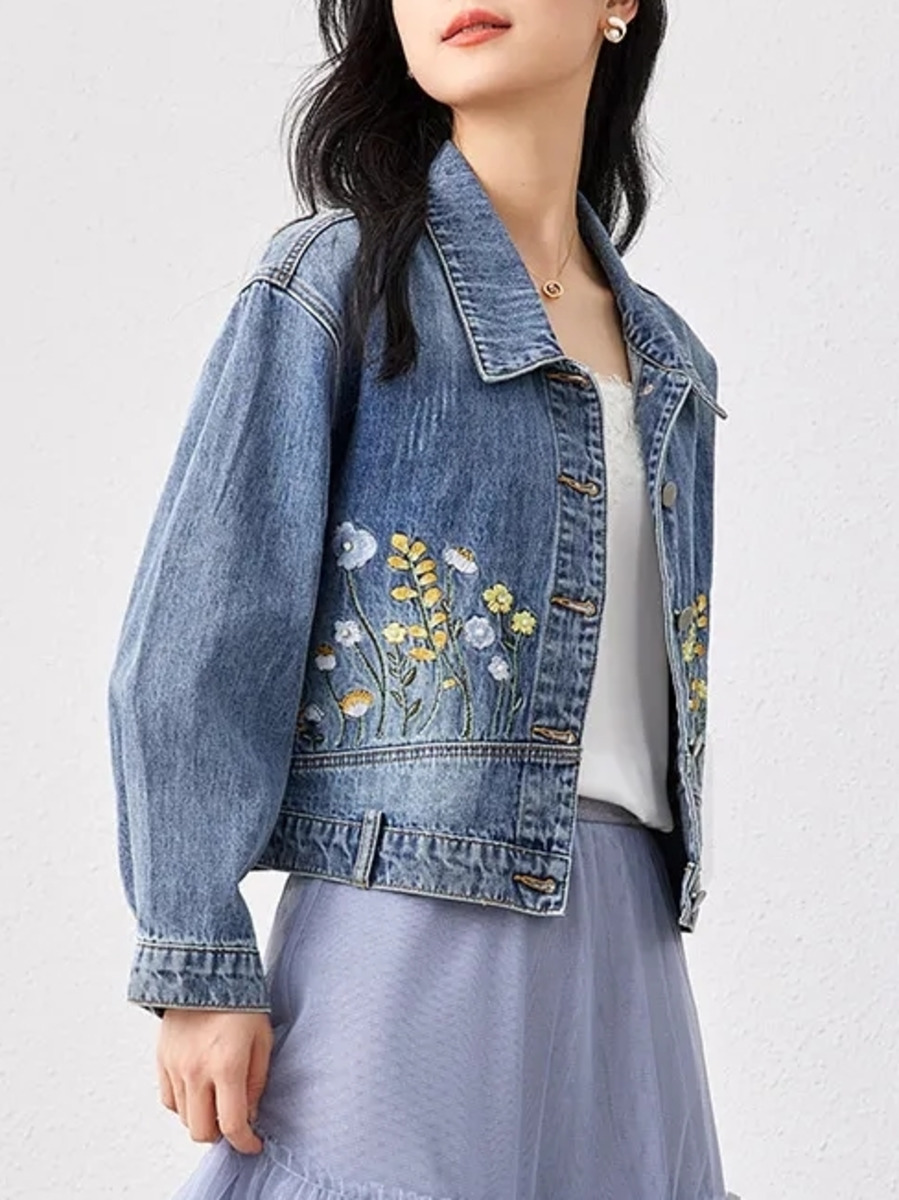 Women Fashion Jeans Top - Женская короткая джинсовая куртка с цветочной