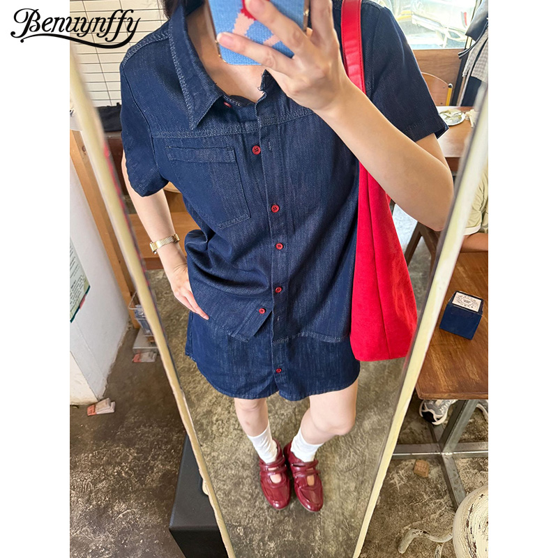 Women Fashion Jeans Top - Женская джинсовая рубашка Benuynffy в стиле